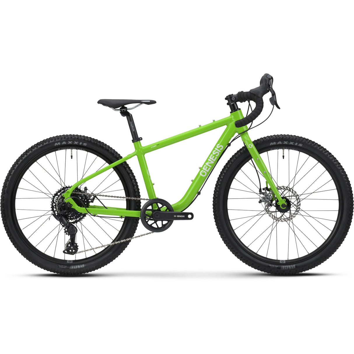 Bright green 24-inch kids gravel bike with drop handlebars and knobby tires.