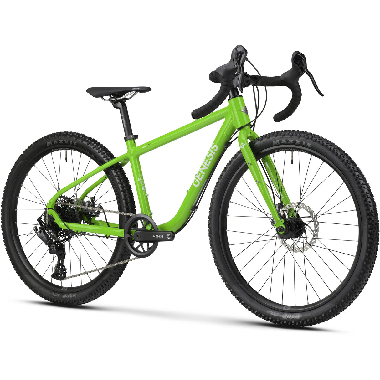 Bright green 24-inch kids gravel bike with drop handlebars and knobby tires.