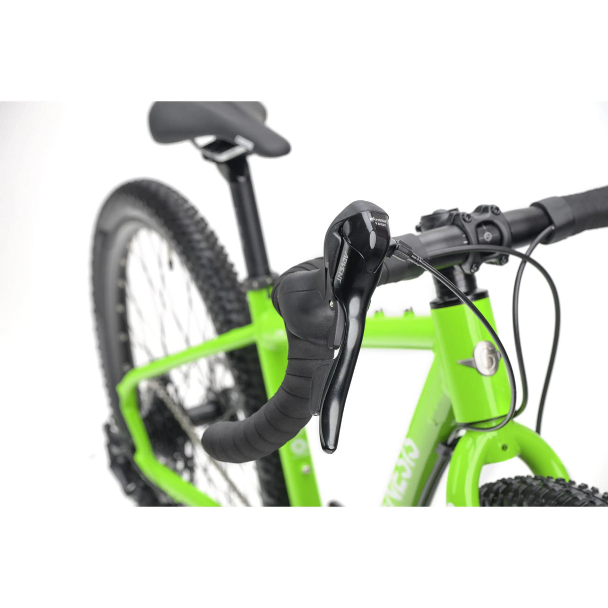 Bright green kids gravel bike with drop handlebars and knobby tires against white background.