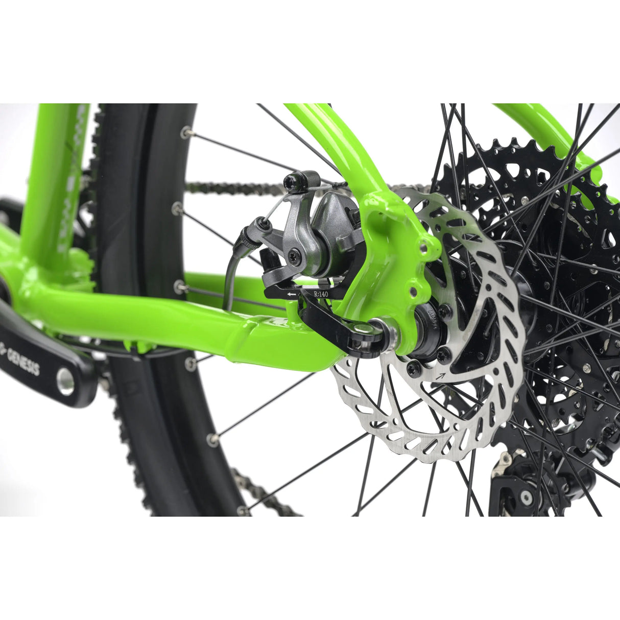 Bright green kids gravel bike rear frame and disc brake close-up with black gear cassette and tire.