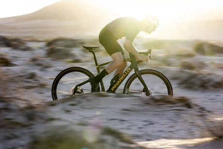 Biker riding a bicycle on a rocky path with a blurred background