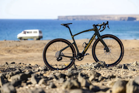 Bicycle on rocky terrain with ocean and van in the background