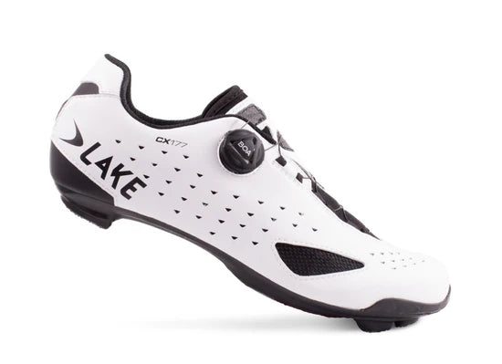 Lake CX177 Road Shoe in white and black colorway with BOA dial, engineered for comfort, durability, and peak cycling efficiency.