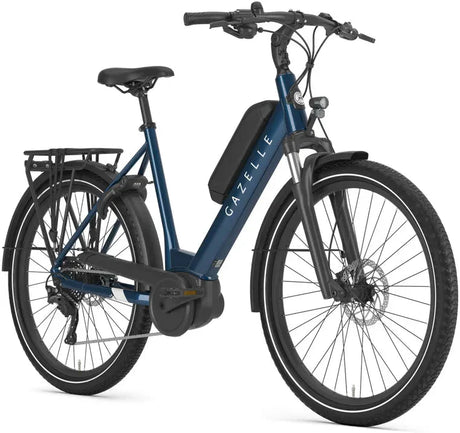 Urban E-Bike Gazelle Medeo T9 HMB Low Step in blue, featuring front suspension, rear rack, and Bosch mid-drive motor for smooth city rides.
