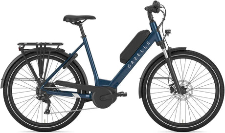 Gazelle Medeo T9 HMB Low Step Hybrid E-Bike in navy blue with step-through frame, ideal for urban commuting and outdoor cycling adventures.