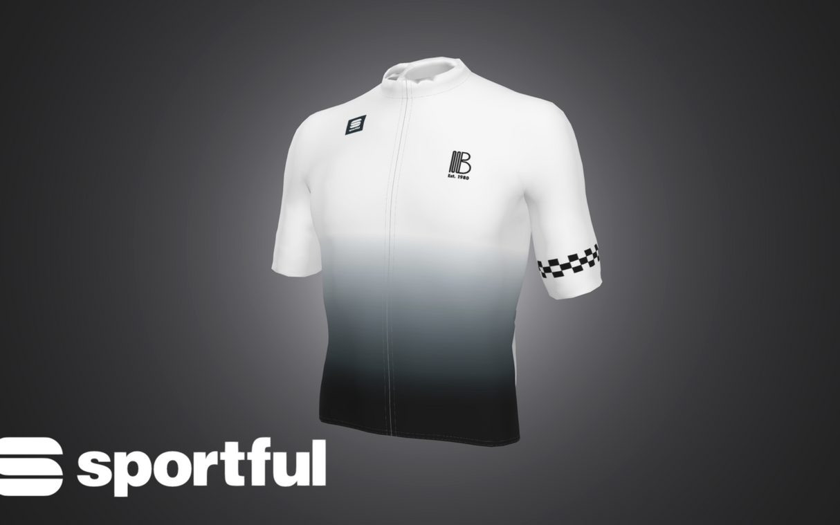 3D render of the 45th Anniversary Short Sleeve Mens Jersey front view, showcasing gradient design and checkered sleeve for cycling performance.