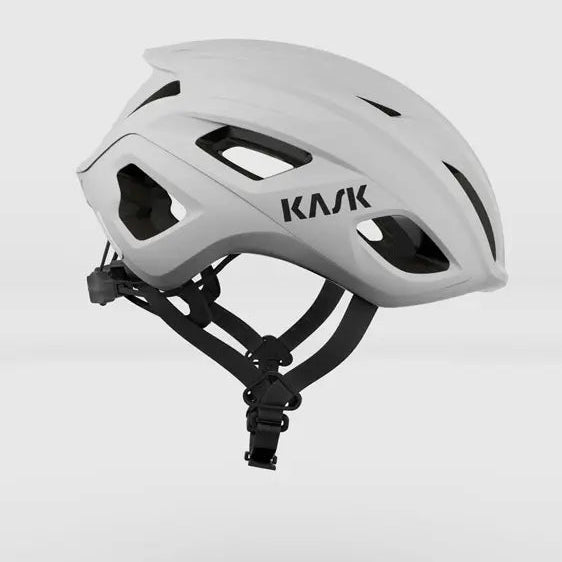 Kask Mojito3 road helmet in white and grey, side view on a grey background