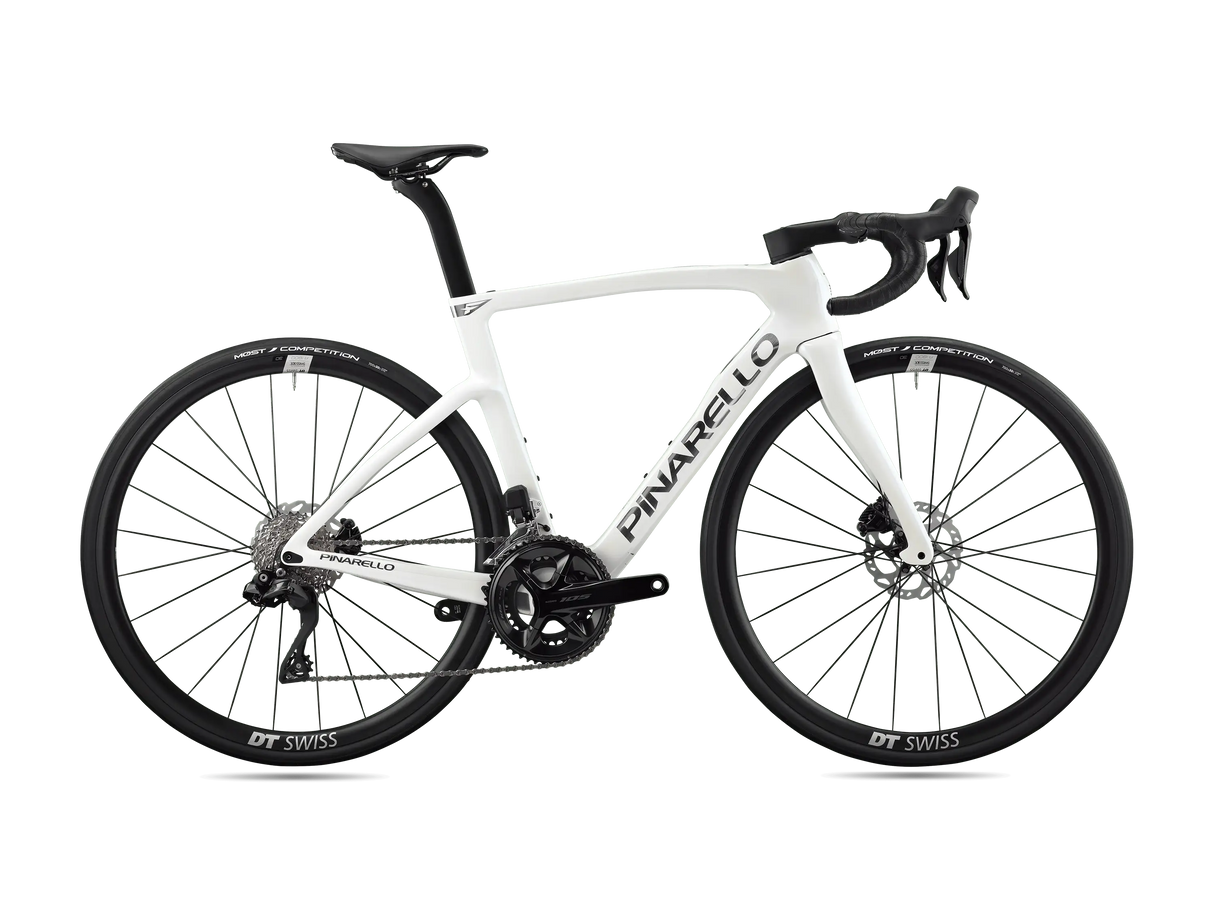 White bicycle with black components on a white background