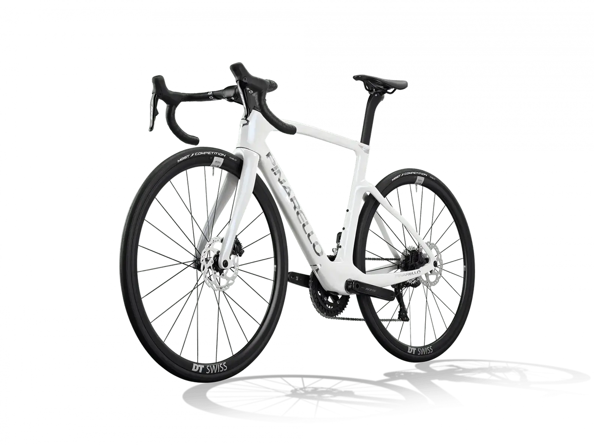White bicycle with black components on a white background