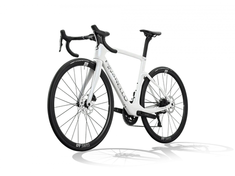 White bicycle with black components on a white background