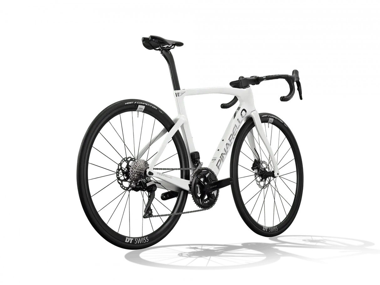 White bicycle with black components on a white background