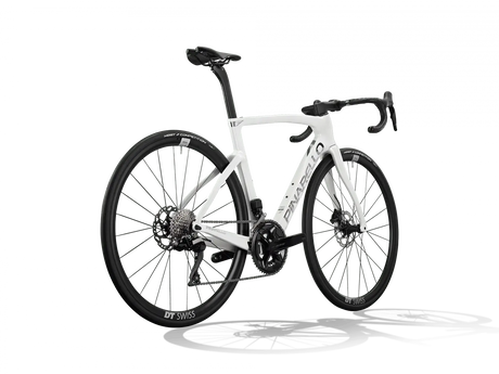 White bicycle with black components on a white background