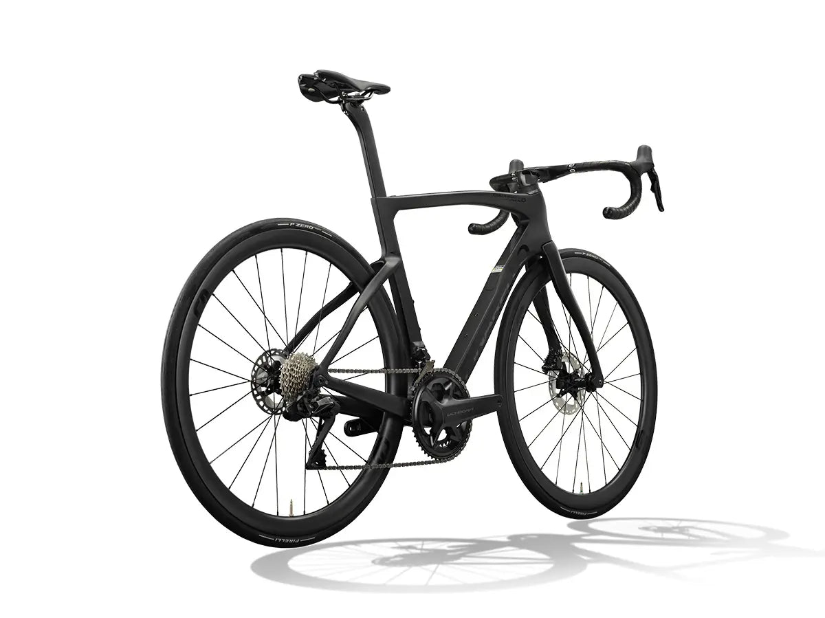Rear angled view of the Pinarello F7 Ultegra Di2 road bike in matte black, emphasizing its aerodynamic tubing and advanced drivetrain.