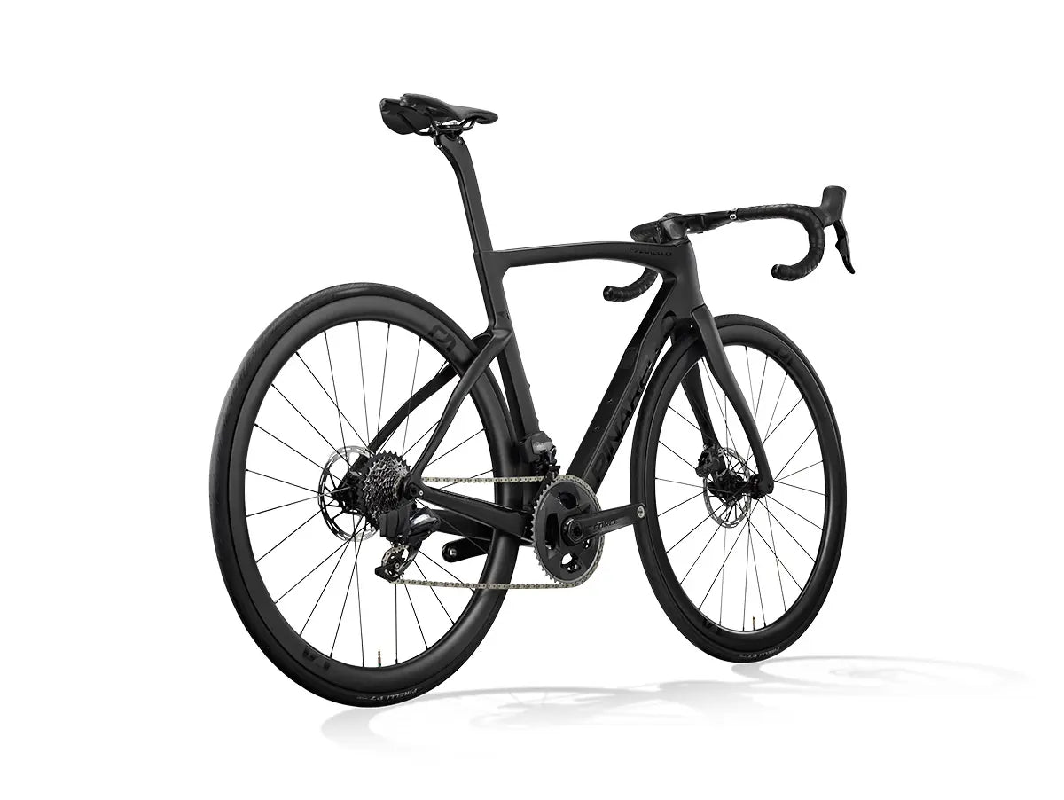 Rear angled view of the Pinarello F7 Ultegra Di2 road bike in matte black, highlighting its disc brakes and high-performance wheels.