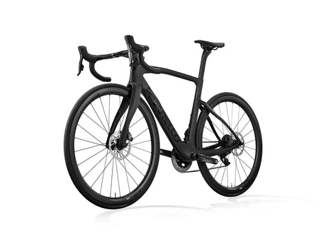 Front angled view of the Pinarello F7 Ultegra Di2 road bike in matte black, featuring integrated handlebars and aerodynamic design.