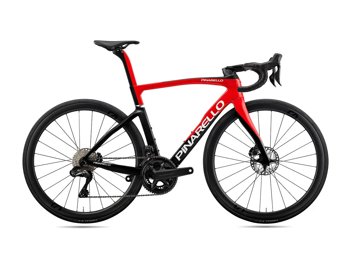 Side profile of the Pinarello F7 Ultegra Di2 road bike in red and black, featuring Shimano Ultegra Di2 groupset and disc brakes.