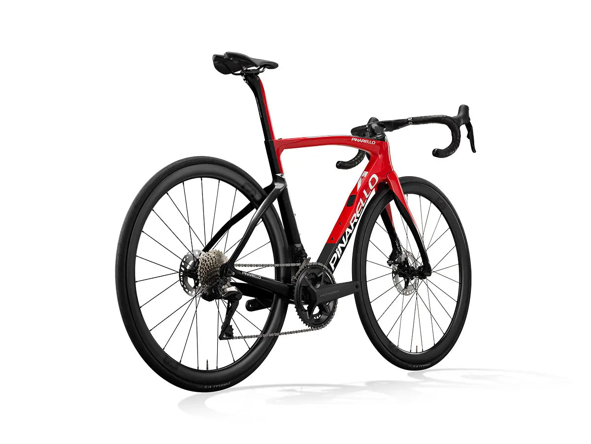 Rear angled view of the Pinarello F7 Ultegra Di2 road bike in red and black, showcasing its carbon frame and race-ready geometry.
