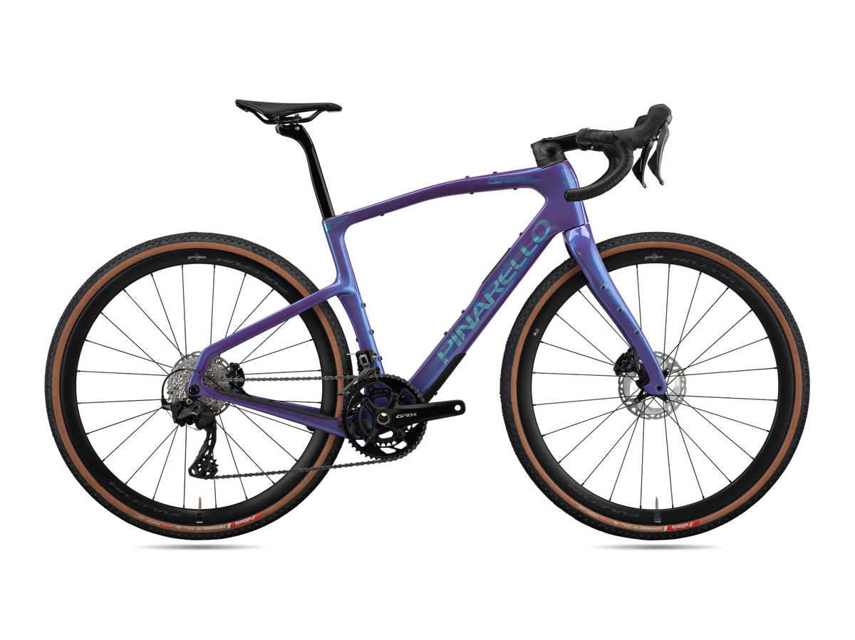 Patagonia Frost Pinarello Grevil F3 gravel bike in drive-side profile, pictured with a Shimano GRX 2x build.