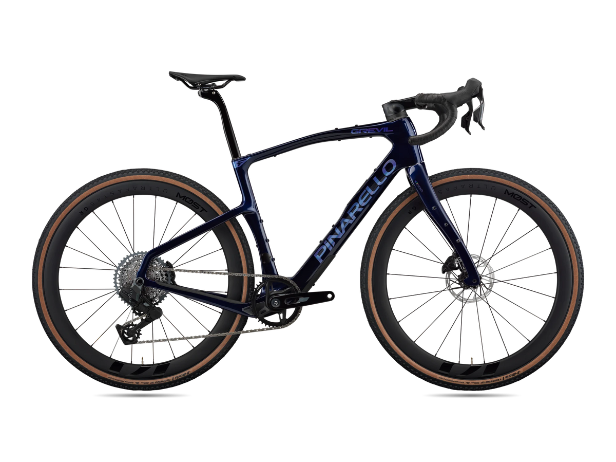 Lapland Sky Pinarello Grevil F5 gravel bike, drive-side profile with SRAM Rival XPLR AXS and MOST carbon wheels.