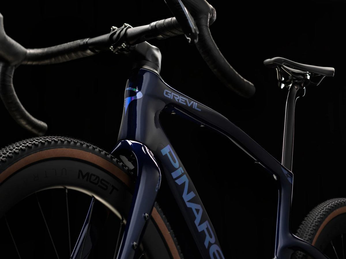 Lapland Sky Pinarello Grevil F5 frame detail showing the head tube, top tube and down tube logo.
