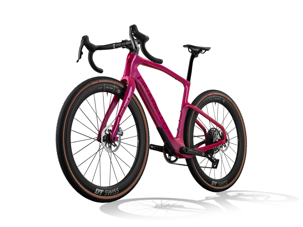 Lunar Bloom Pinarello Grevil F9 gravel bike from a front three-quarter angle, non-drive side.
