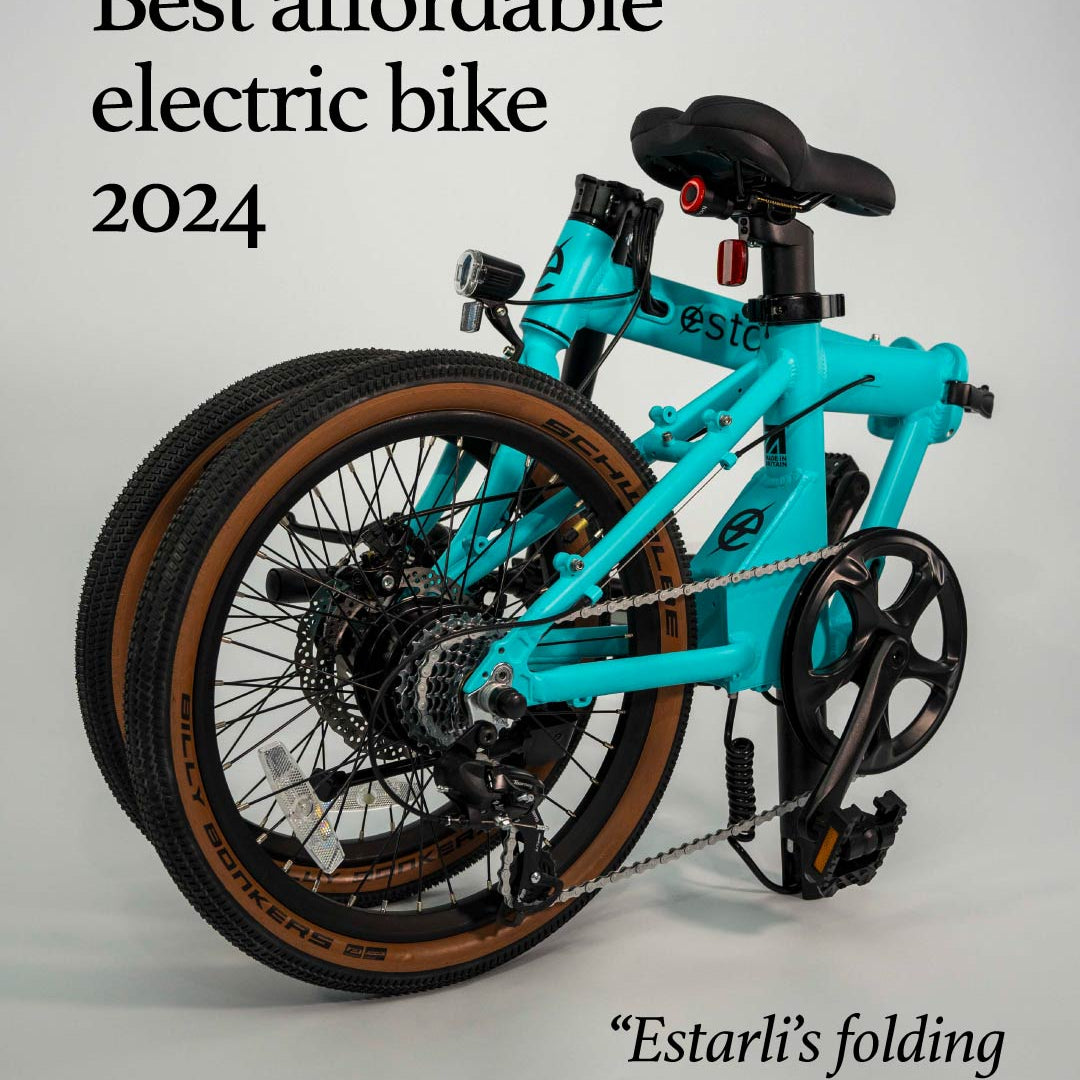 Folded turquoise estarli E20.7 Comfort Hybrid E-Bike with award badge, named best affordable electric bike of 2024 by Independent.
