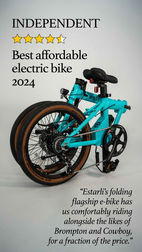 Folded turquoise estarli E20.7 Comfort Hybrid E-Bike with award badge, named best affordable electric bike of 2024 by Independent.