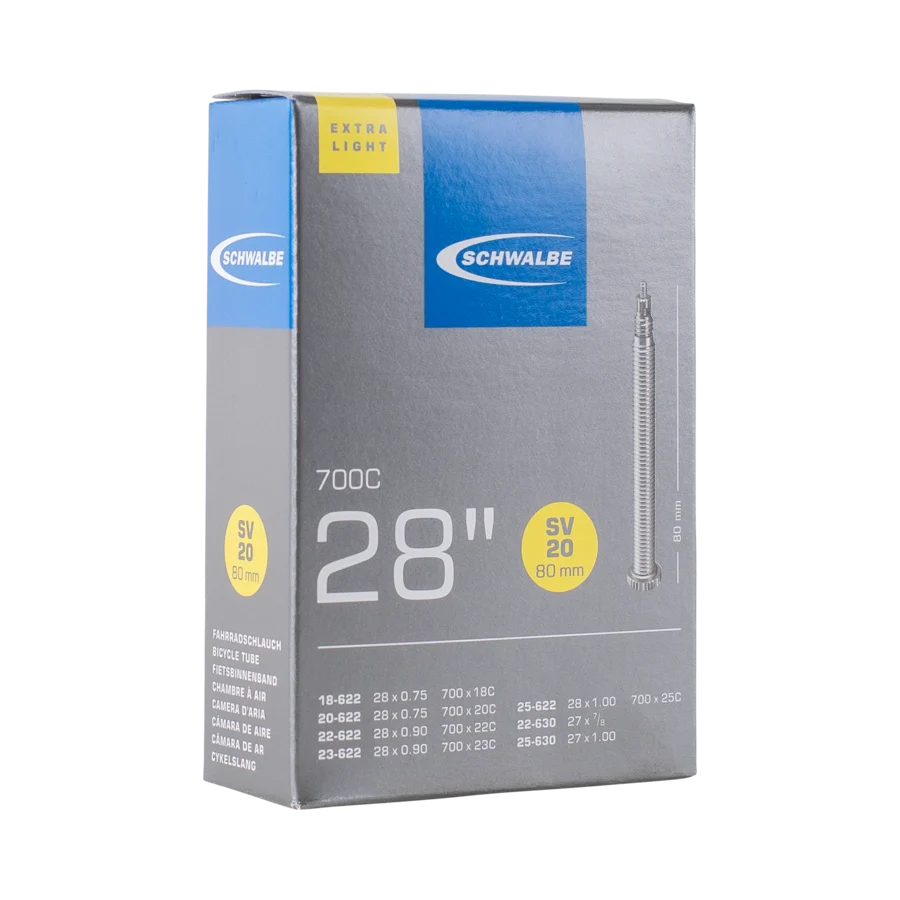 Schwalbe SV20 Extra Light inner tube, 700c, Presta valve 80mm, in packaging