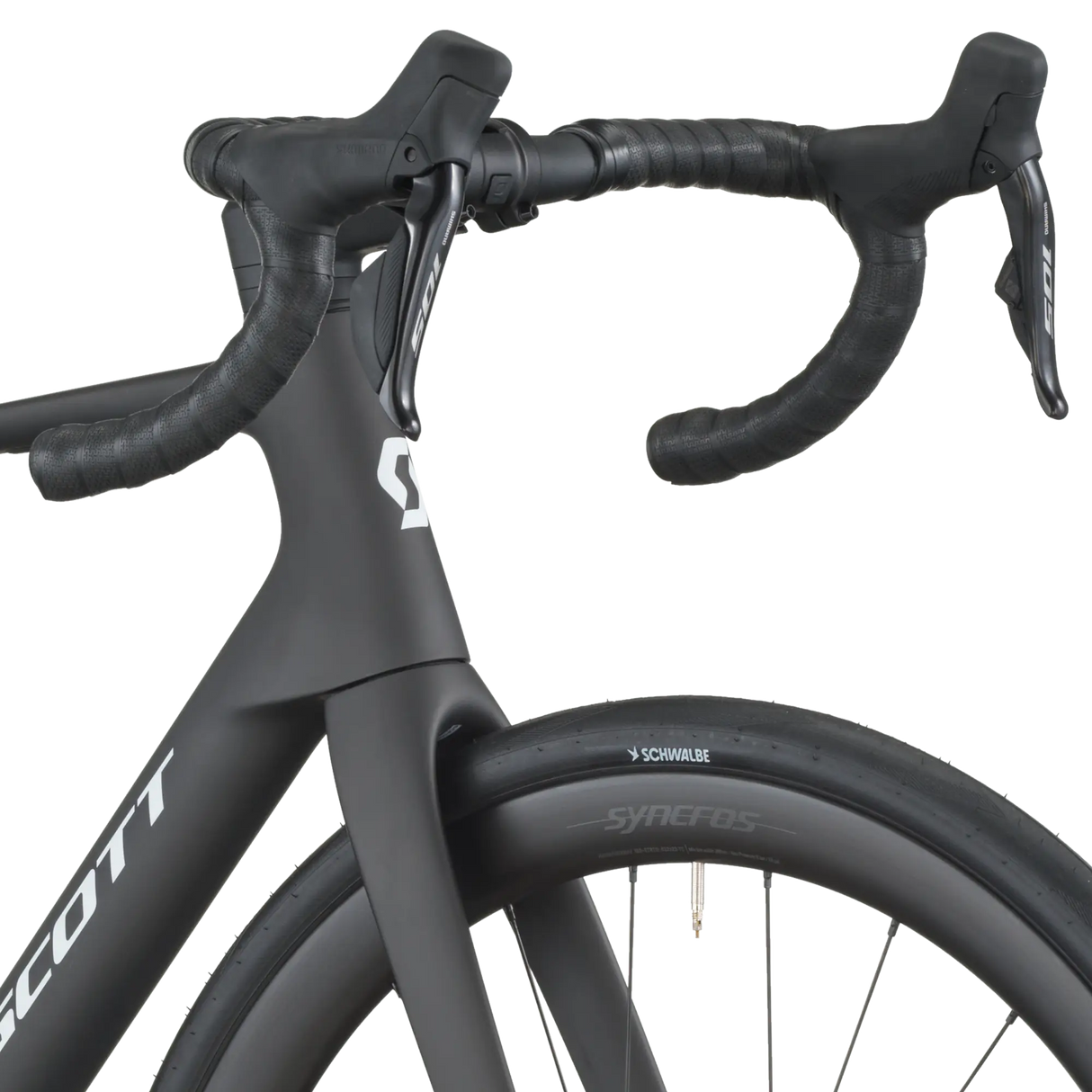 Close-up of a black bicycle handlebar with Scott branding on a white background
