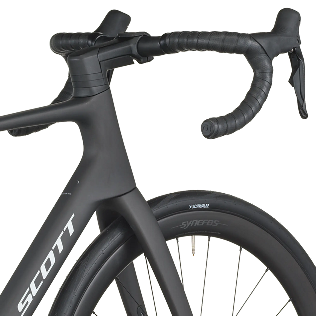 Close-up of a black bicycle with 'Scott' branding on a white background