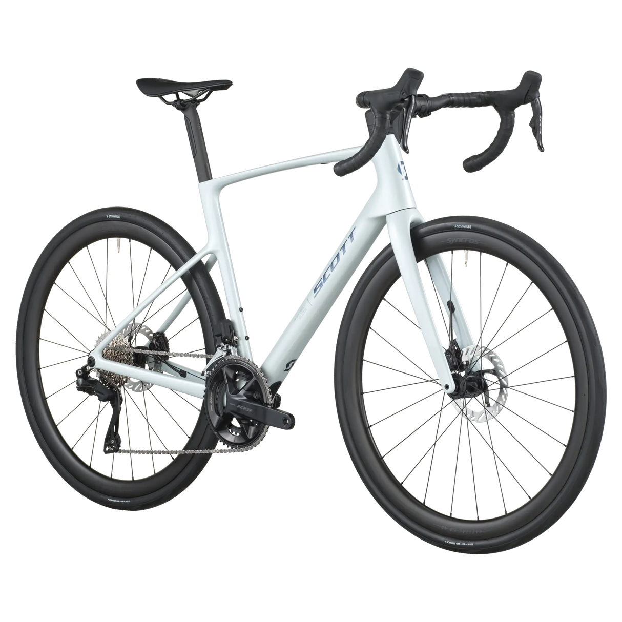White bicycle with black components on a white background