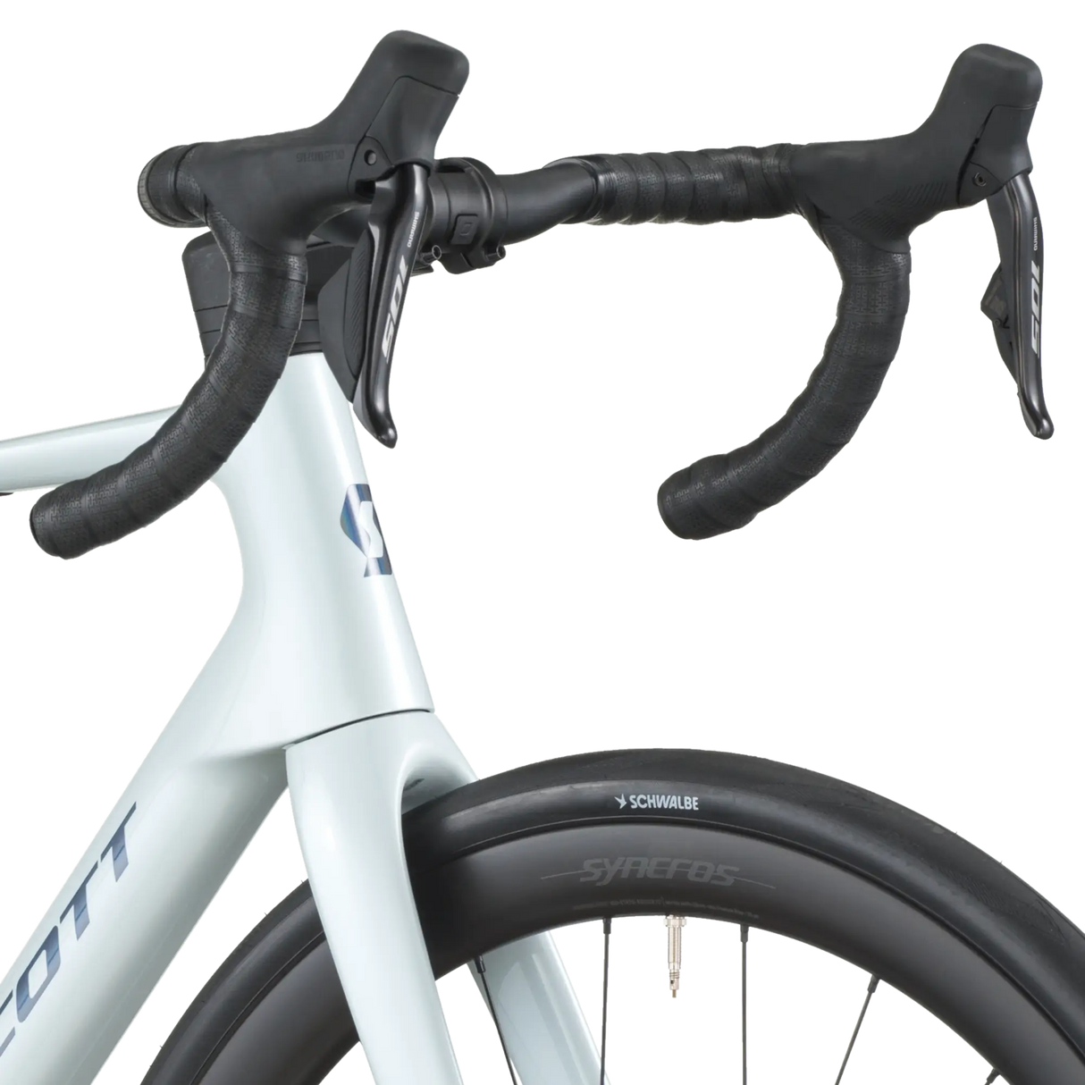 Close-up of a bicycle handlebar with black grips and white frame on a white background