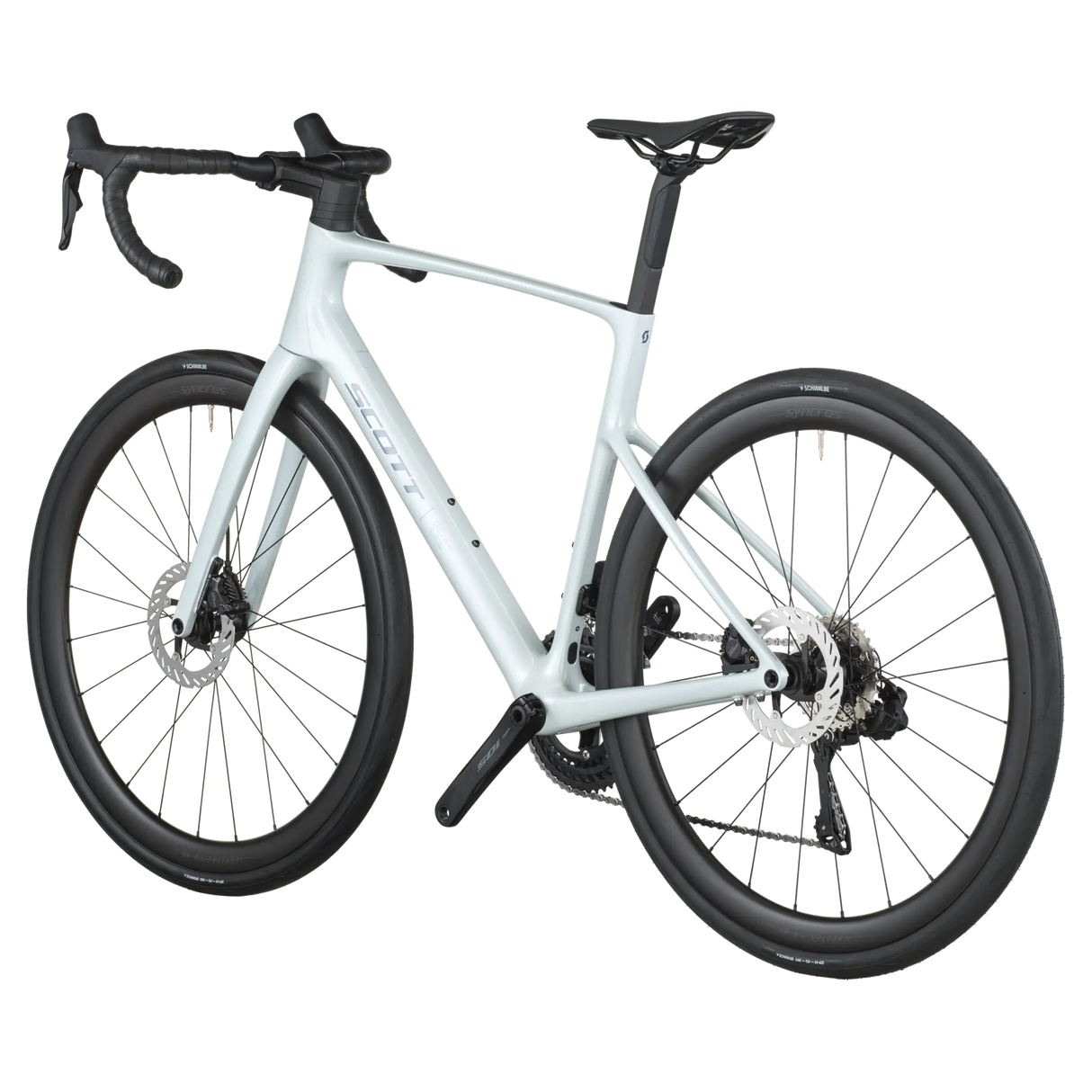 White bicycle with black components on a white background