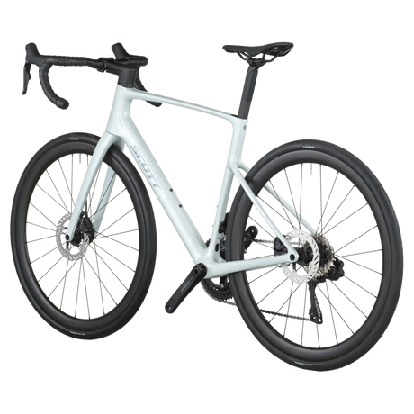 White bicycle with black components on a white background