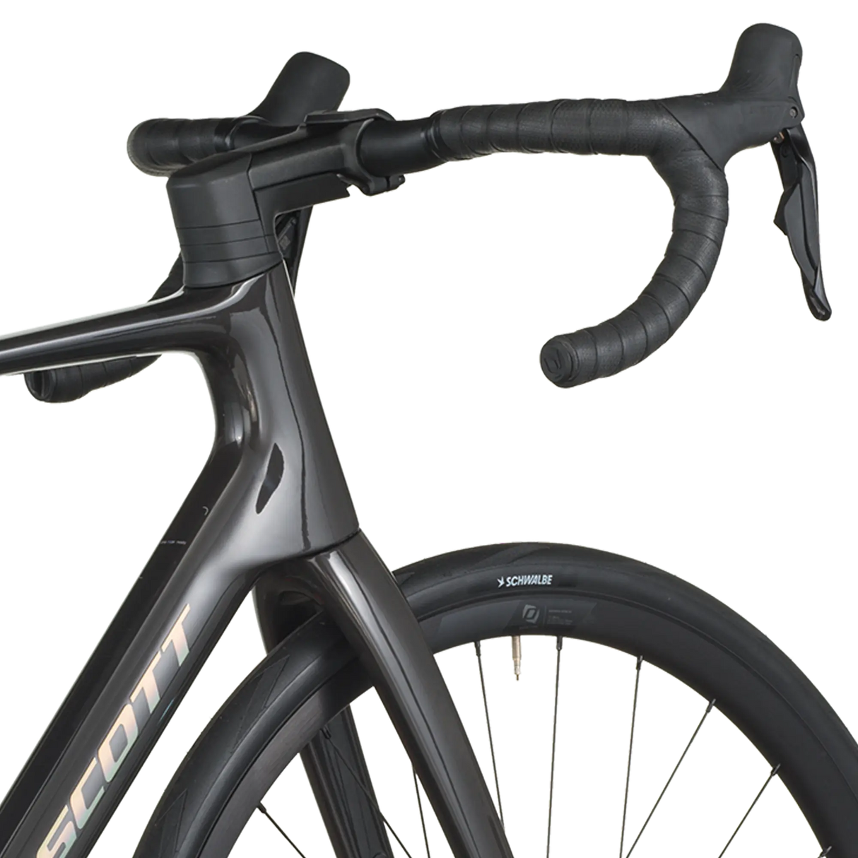 Close-up of a black bicycle with handlebars and front wheel on a white background