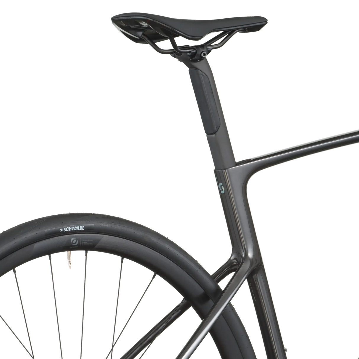 Close-up of a bicycle frame and wheel on a white background