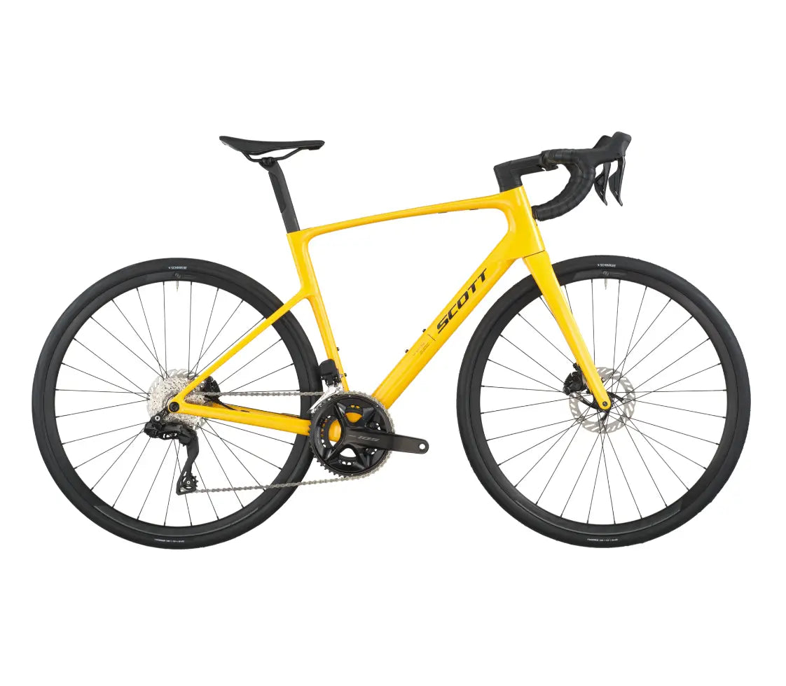 Yellow bicycle with black components on a white background