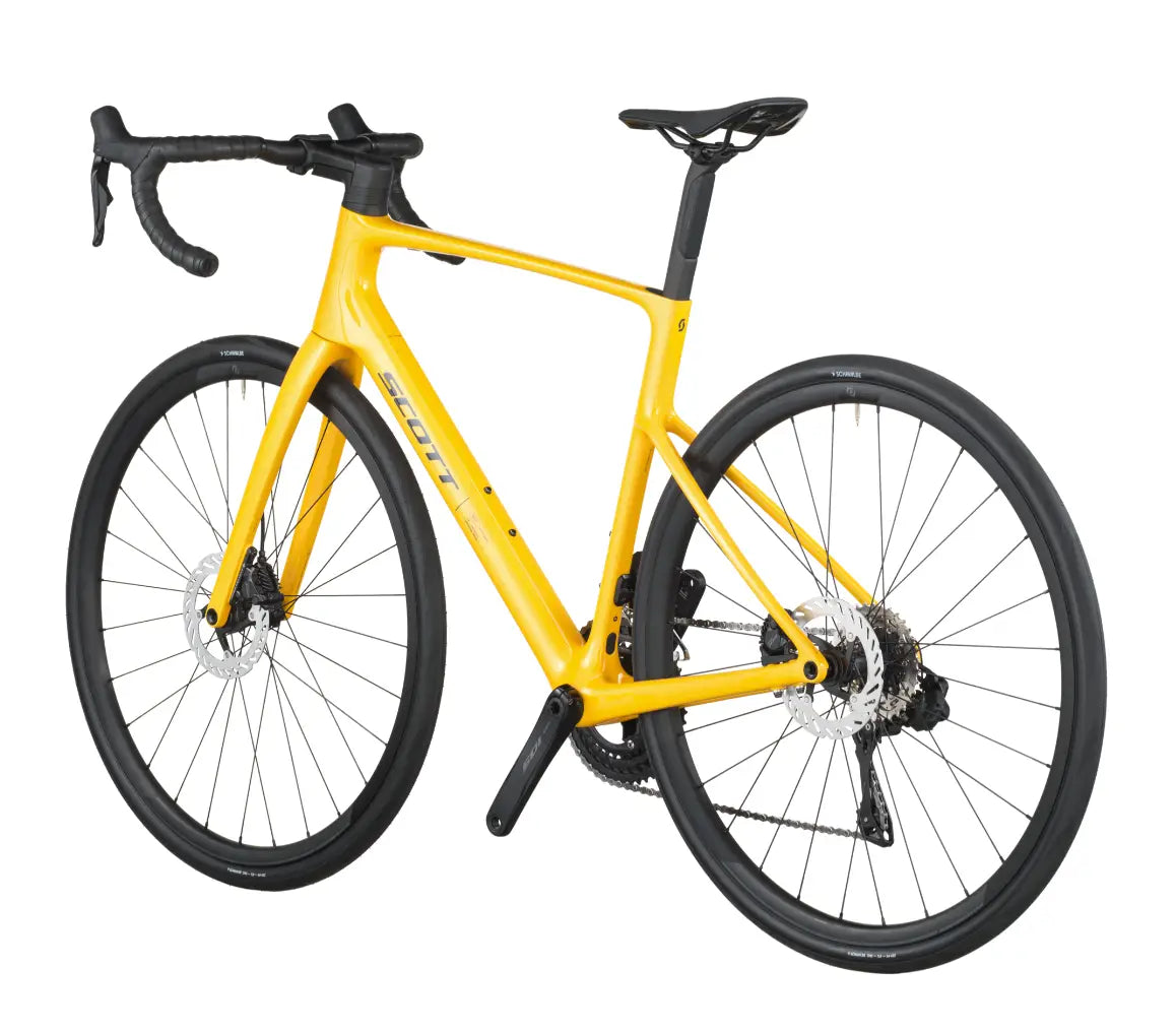 Yellow bicycle with black components on a white background