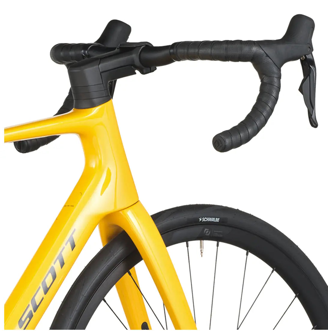 Yellow bicycle frame with black handlebars on a white background