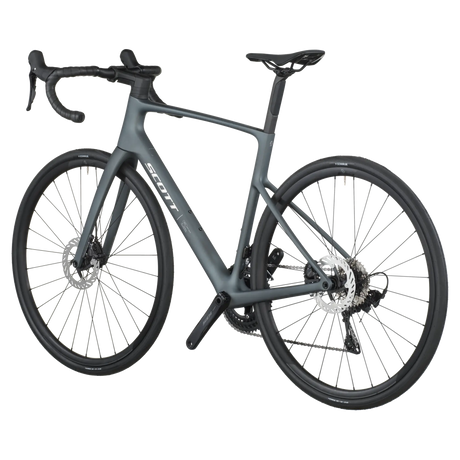 Gray bicycle with black components on a white background