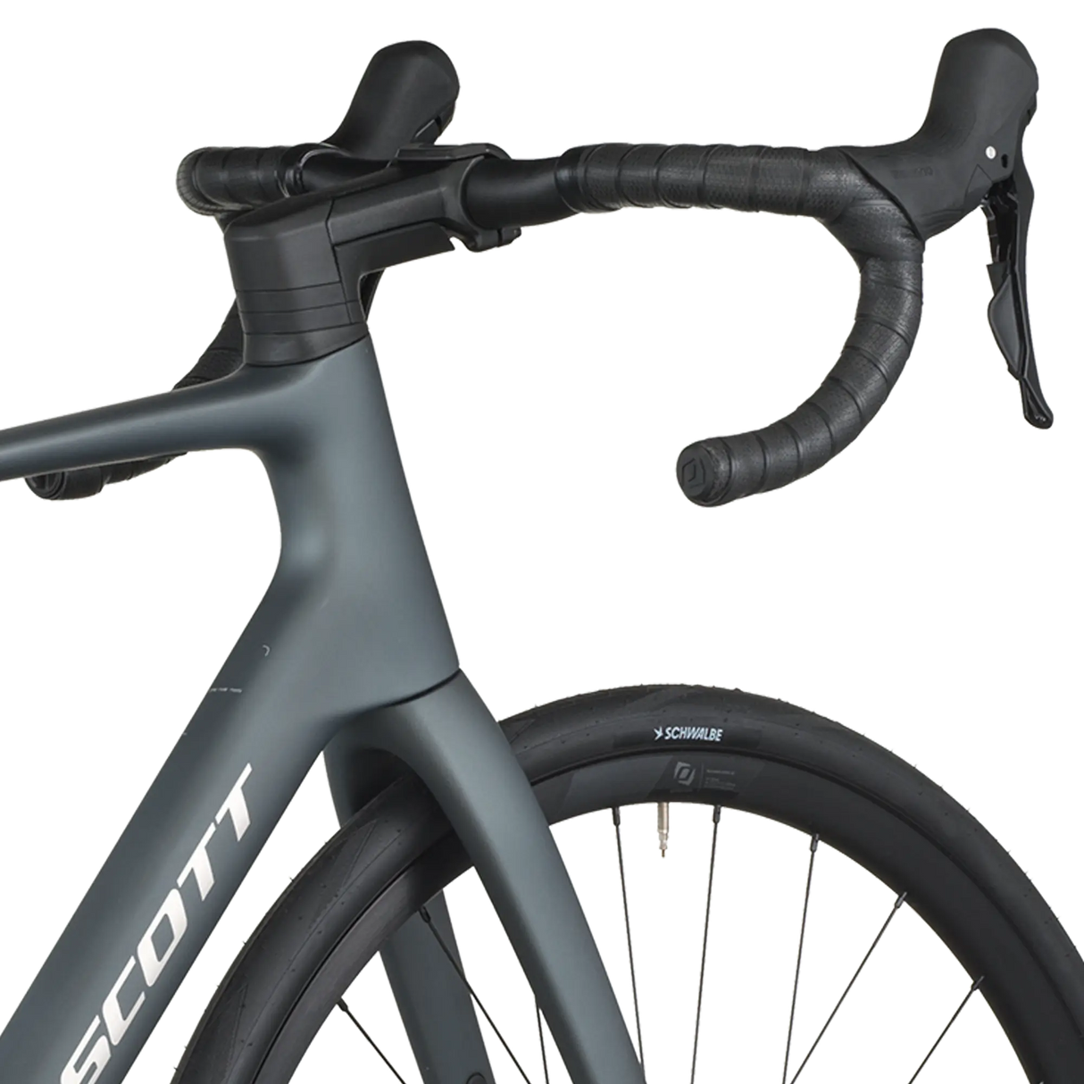 Close-up of a gray bicycle with handlebars and front wheel on a white background