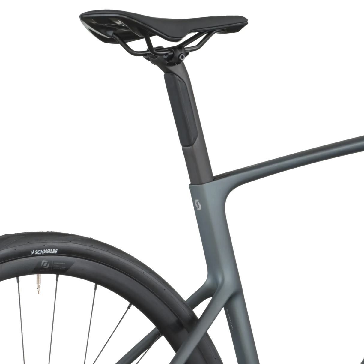 Gray bicycle frame with a black seat on a white background