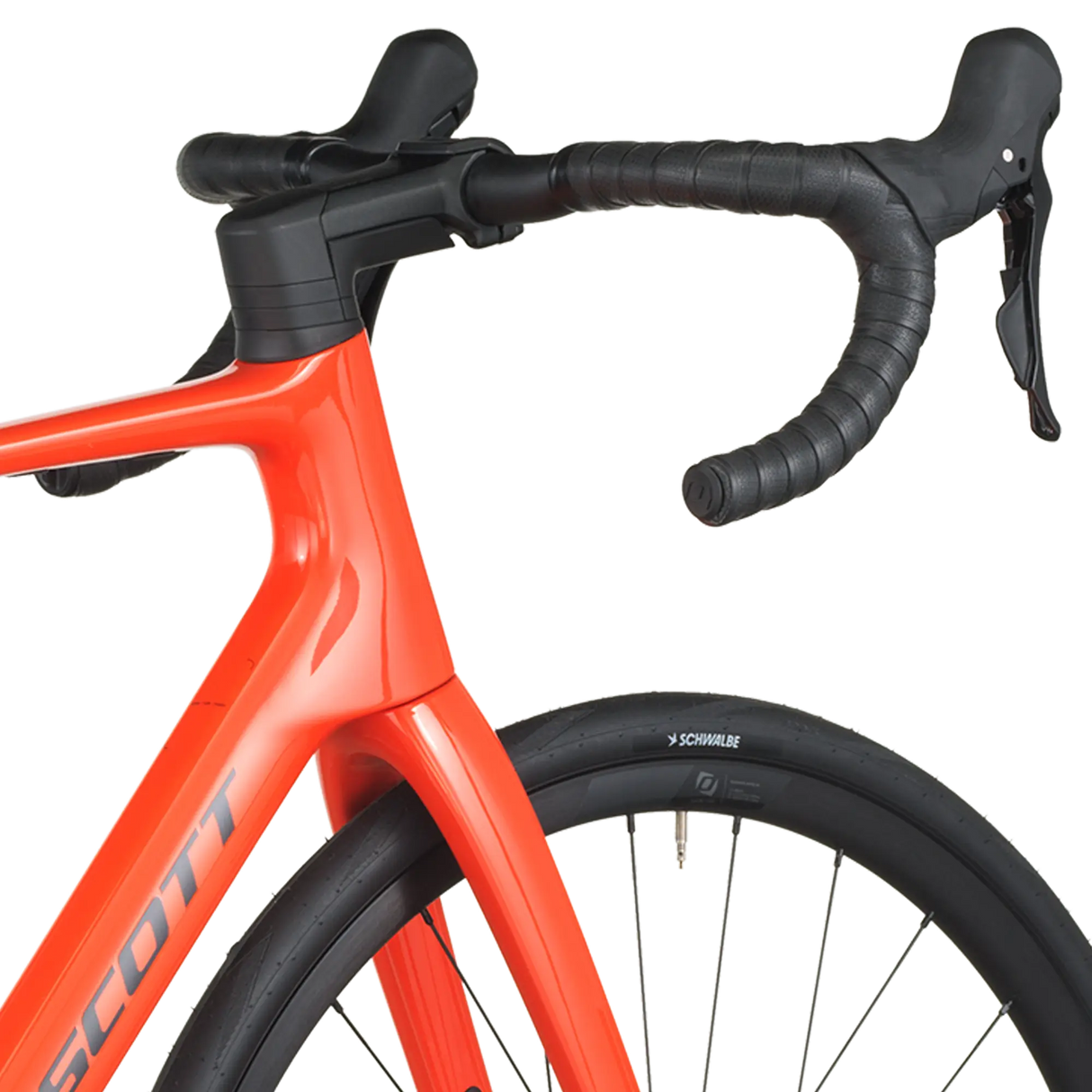 Close-up of a red bicycle with black handlebars on a white background