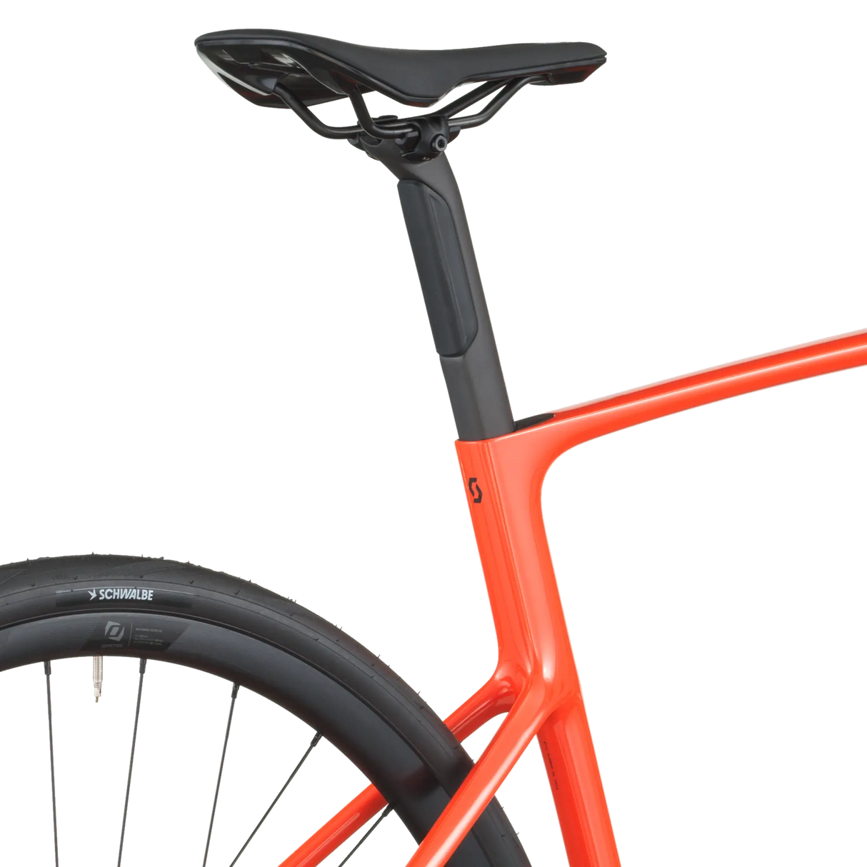 Close-up of a bicycle with an orange frame and black seat on a white background
