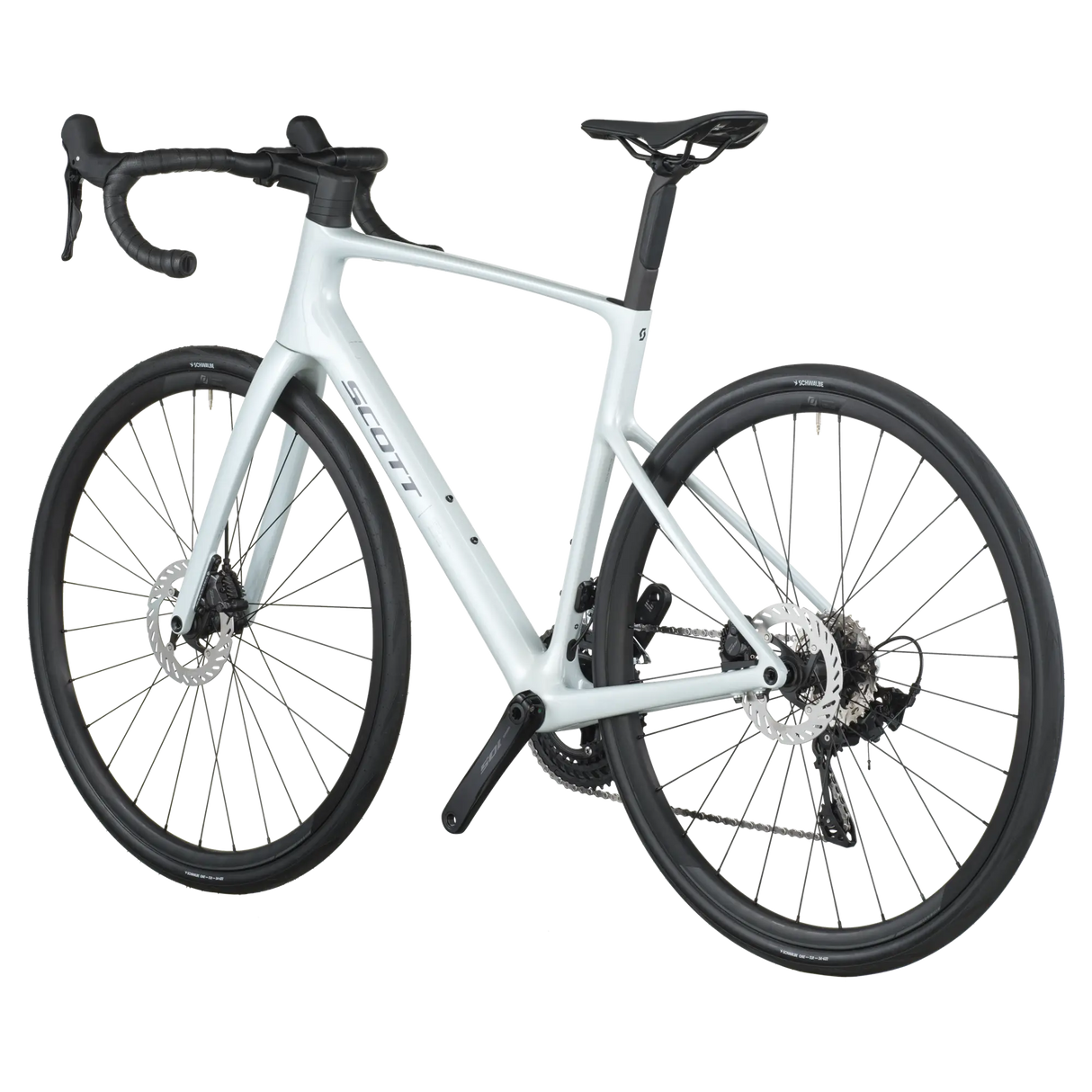 White bicycle with black components on a white background