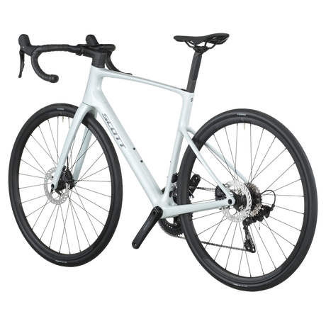 White bicycle with black components on a white background
