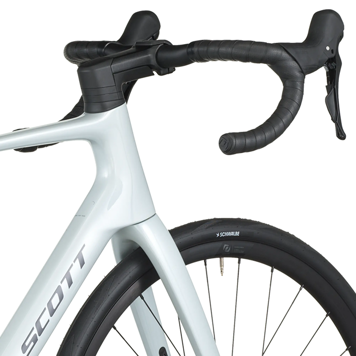 Close-up of a bicycle with a white frame and black components on a white background