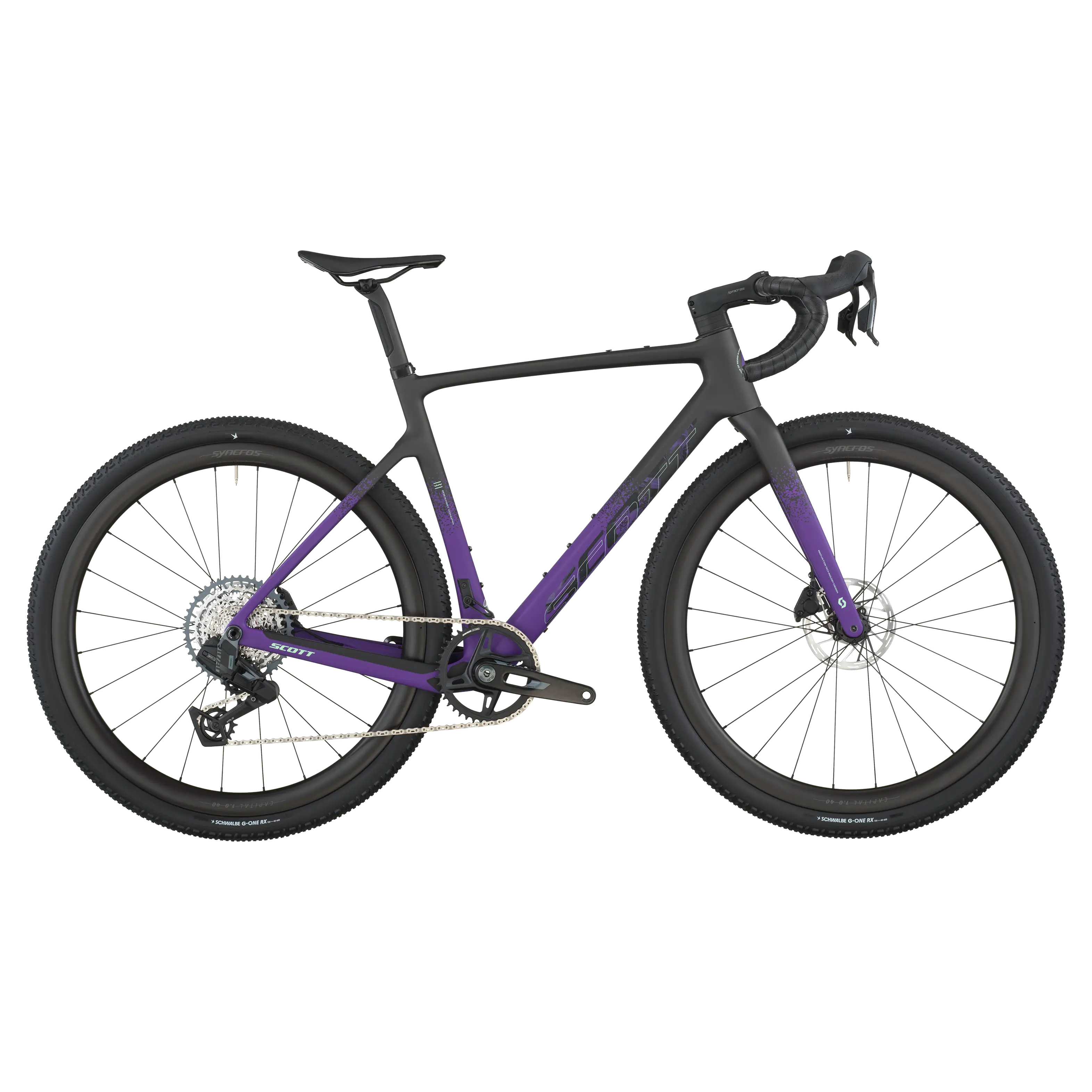 Close-up of a bicycle with a purple frame and black components on a white background