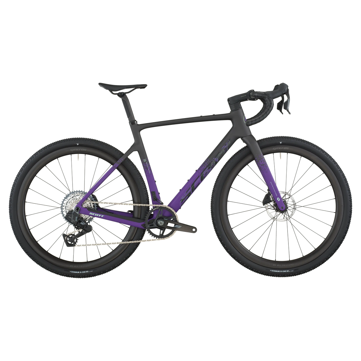 Close-up of a bicycle with a purple frame and black components on a white background