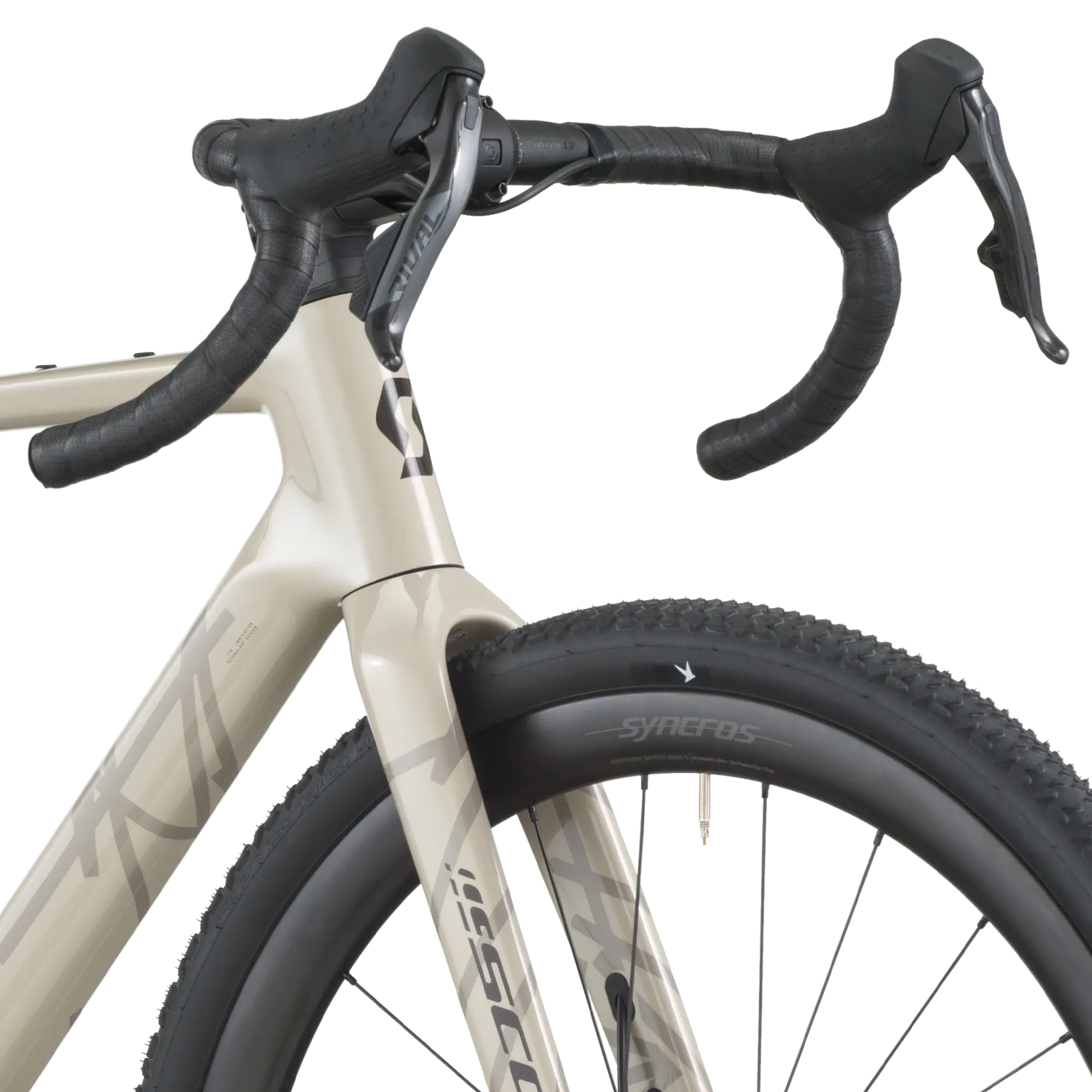 Close-up of a bicycle with Syncros branding on a white background